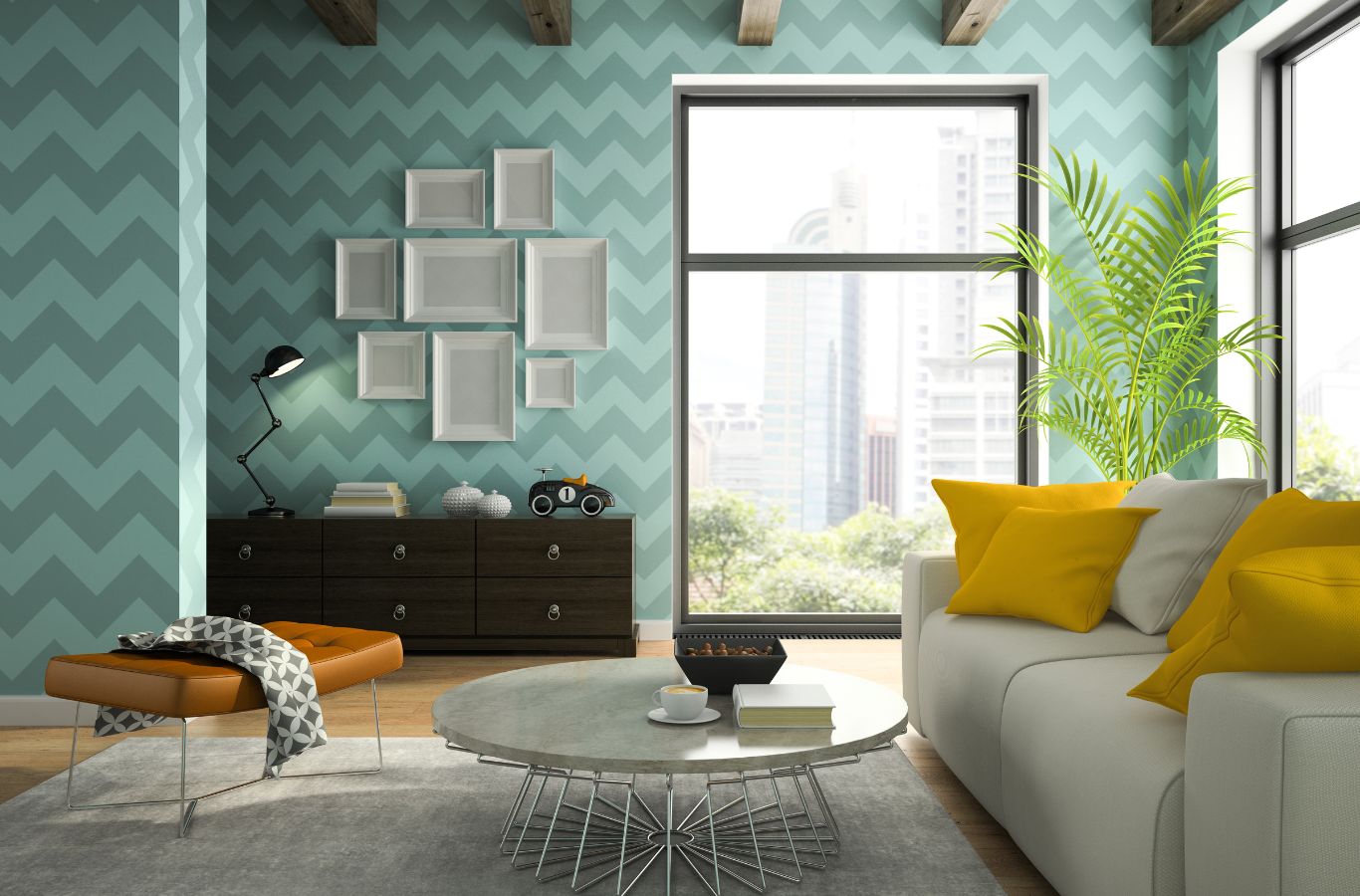 A R&J Painting employee providing expert wallpaper hanging services in Chicago, IL, aligning decorative paper with precision and care.