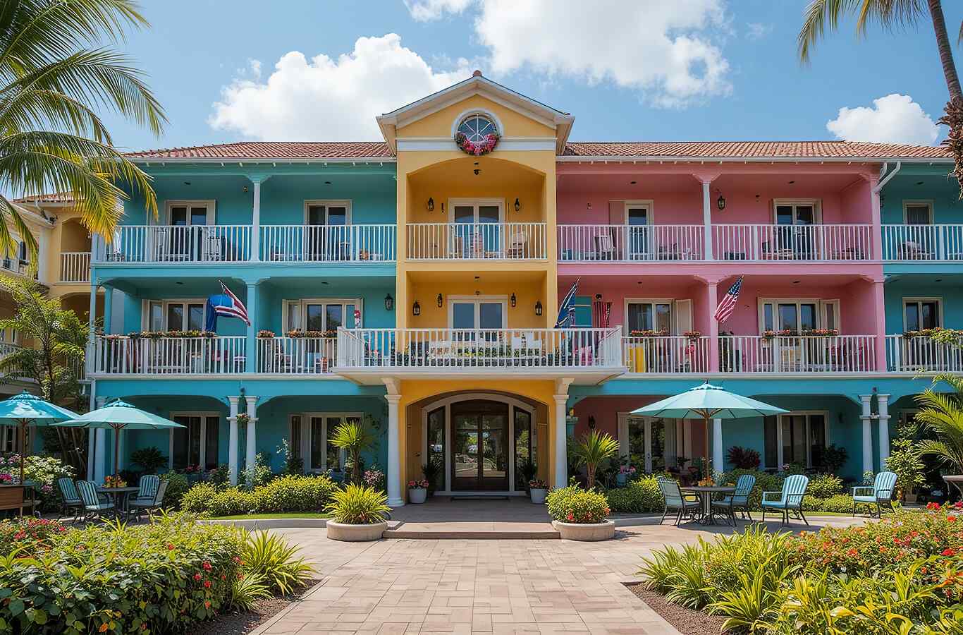 hospitality-1 Colorful hotel facade features three stories with blue, yellow, and pink sections. Flags hang from balconies. Palm trees and plants add a tropical vibe.