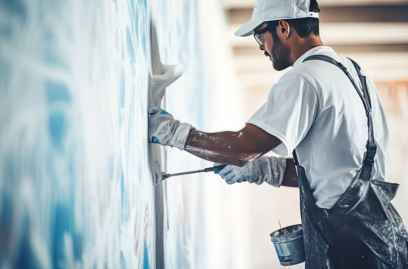 hospitality-10 A focused painter in overalls and cap applies white paint with a roller to a wall. The scene conveys concentration and professionalism in a bright, airy space.
