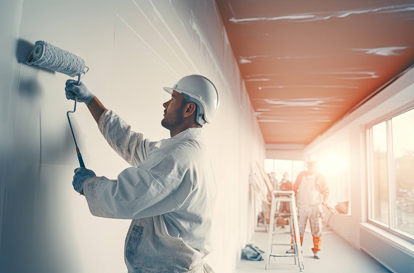 hospitality-11 A construction worker in white overalls and a hard hat uses a roller to paint a wall. Sunlight streams through large windows, creating a warm ambiance.