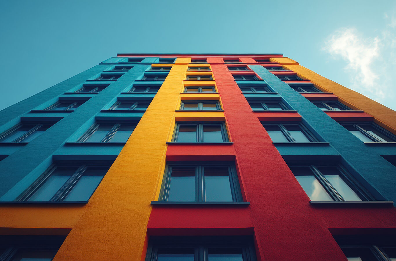 hospitality-4 Upward view of a tall building with vibrant vertical stripes in blue, yellow, and red. The clear sky and clouds add a cheerful atmosphere.