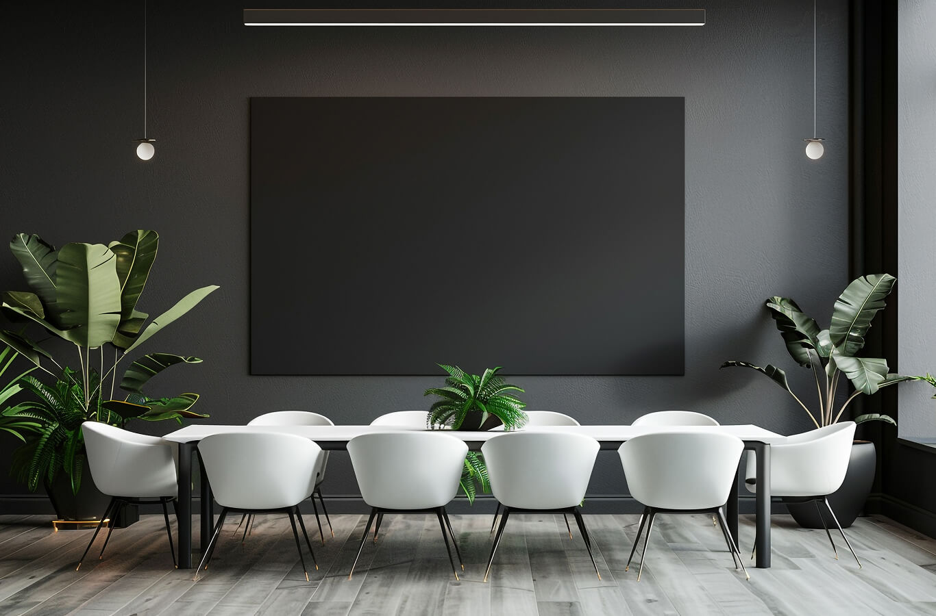 hospitality-5 Sleek conference room with a long white table and eight modern white chairs. Black wall with a large blank panel, green plants, minimal lighting.
