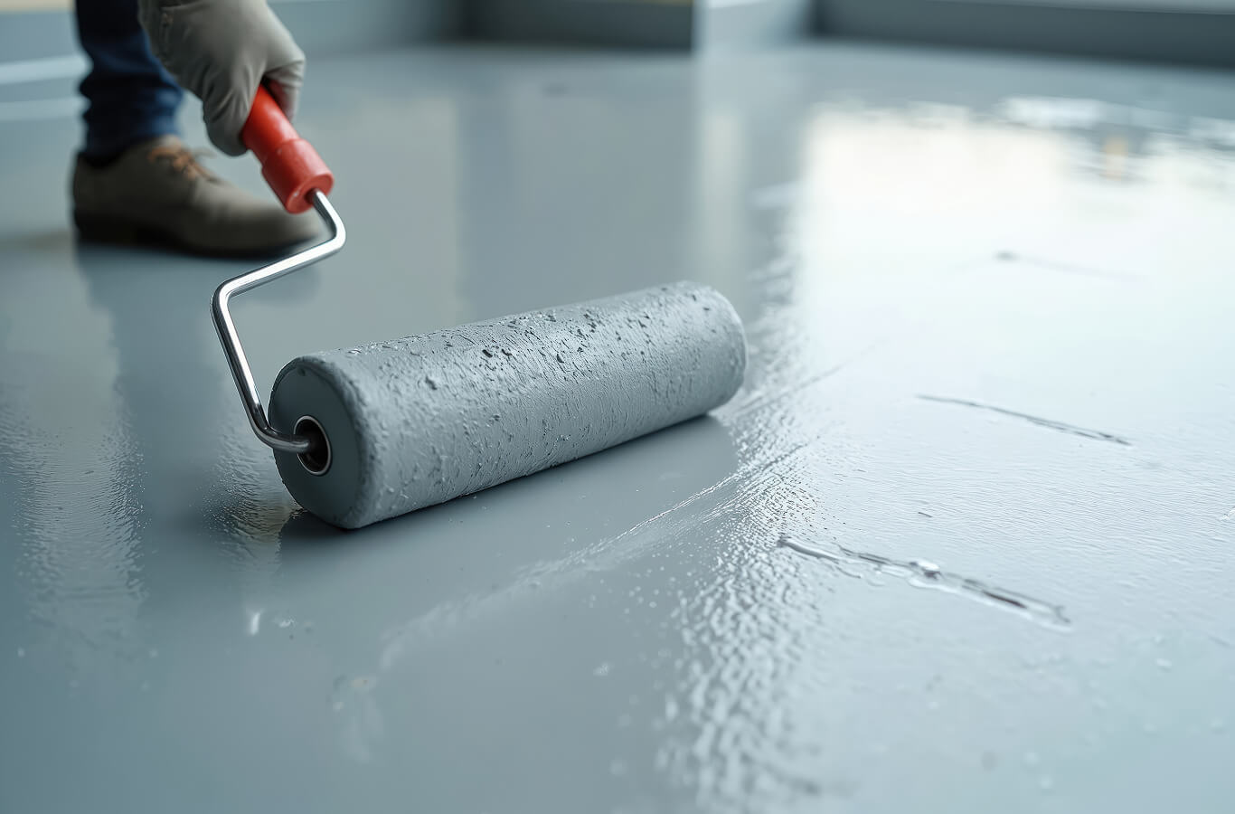 hospitality-8 A person in gloves uses a roller brush to apply a smooth layer of gray paint on a floor, conveying a sense of precision and neatness.