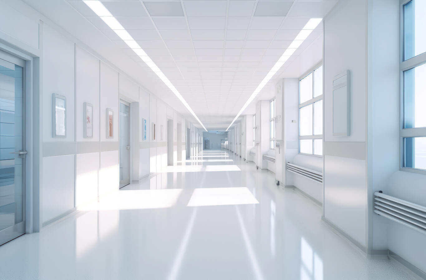 Bright, sterile hospital corridor with white walls, large windows casting sunlight, and several closed doors. The atmosphere is clean and calm.