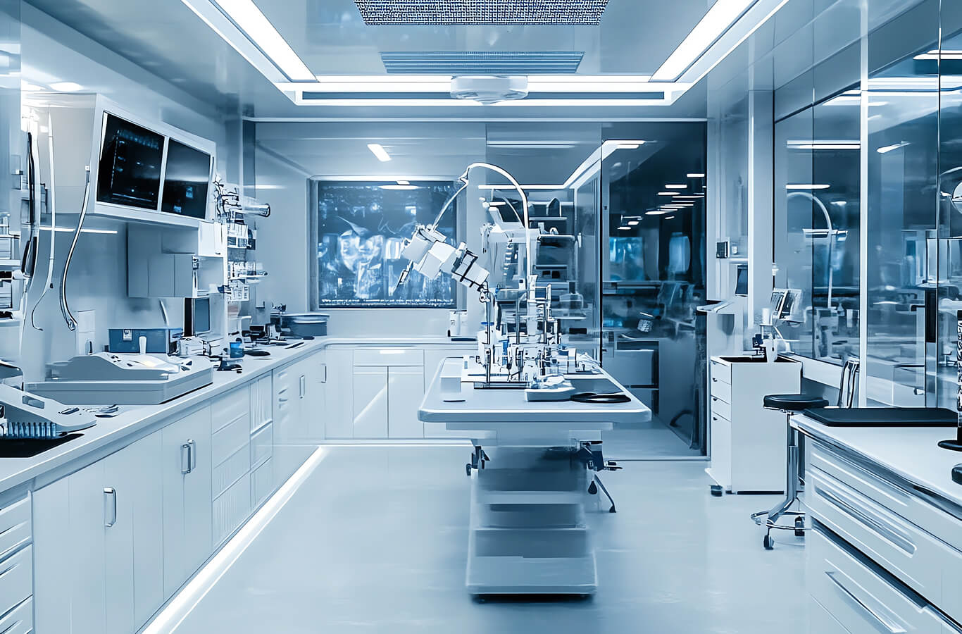 A modern, high-tech laboratory with sleek, white surfaces and advanced equipment. Displays and microscopes suggest scientific research, exuding a clean, futuristic tone.