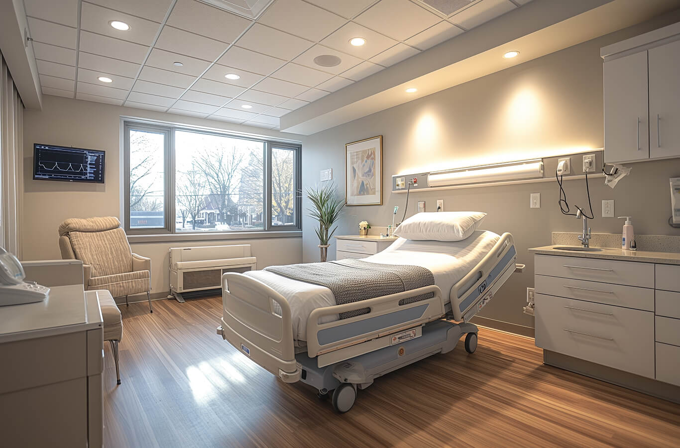 A modern hospital room featuring a patient bed, medical equipment, a chair, and large windows letting in natural light.