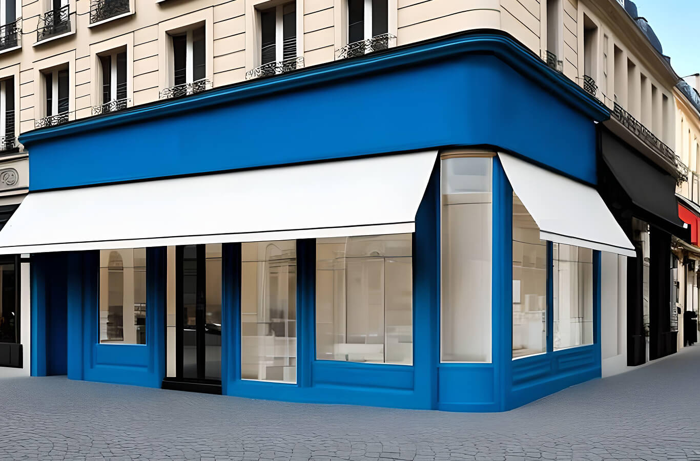 A blue storefront with large windows and an awning, located at the corner of a street.