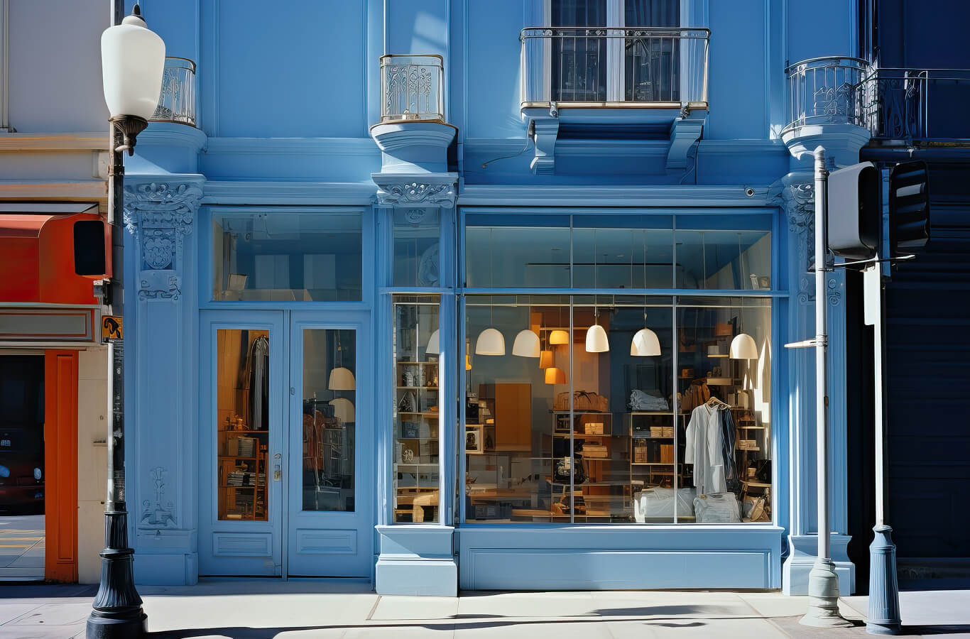 Bright blue storefront with large windows displaying home goods and clothing. Elegant architecture, streetlamp, and warm interior lighting create an inviting ambiance.