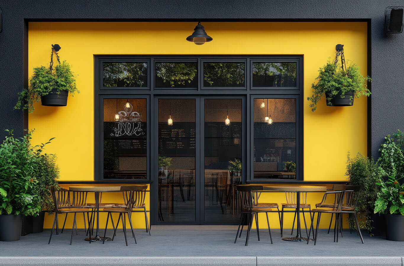 Cafe exterior with vibrant yellow walls, black framed windows, hanging plants, and outdoor seating. Inviting, modern, and stylish ambiance.