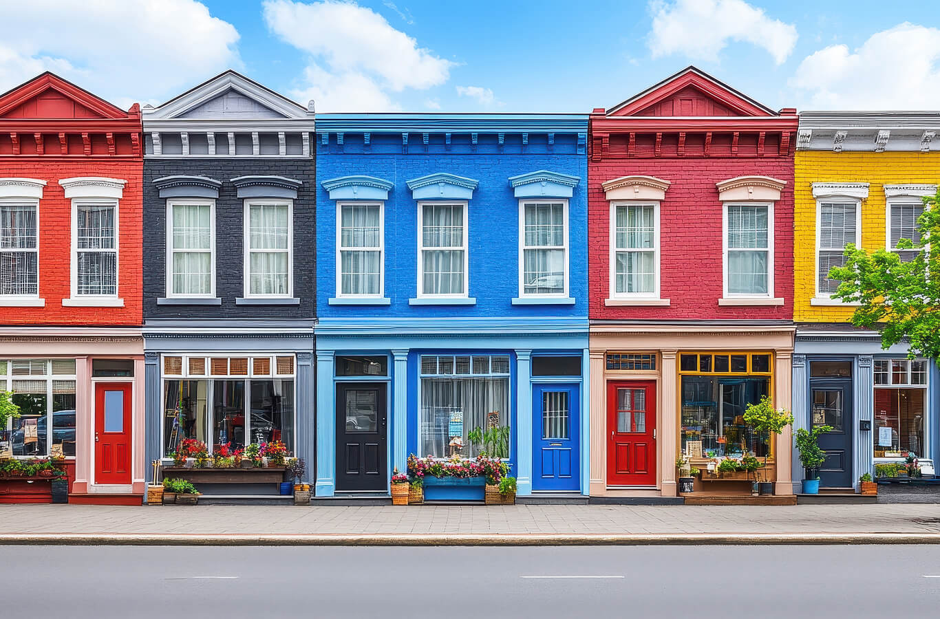 A row of colorful storefronts in a charming urban setting, featuring red, blue, black, and yellow façades with large windows and flower boxes.