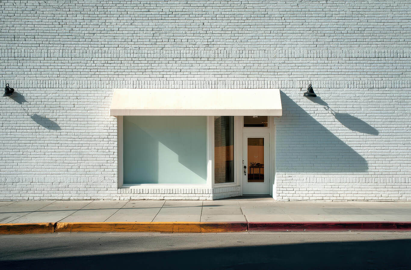 A simple storefront with a white brick wall and an awning, featuring a large window and door. The shadows cast by the awning add texture to the scene.