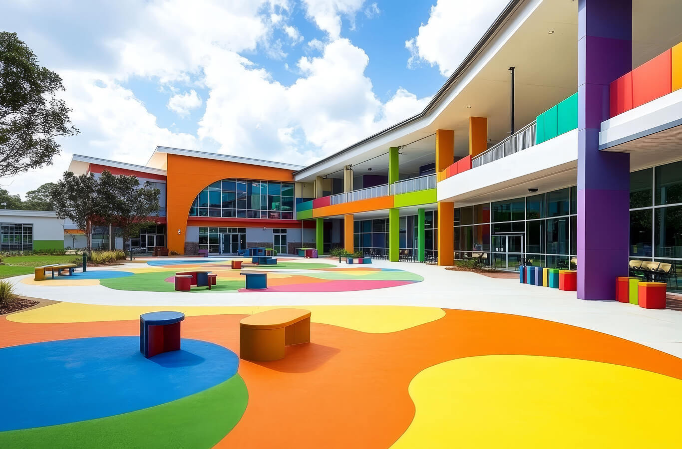 A modern school courtyard with colorful geometric patterns on the ground, multicolored pillars, and round benches under a partly cloudy sky.