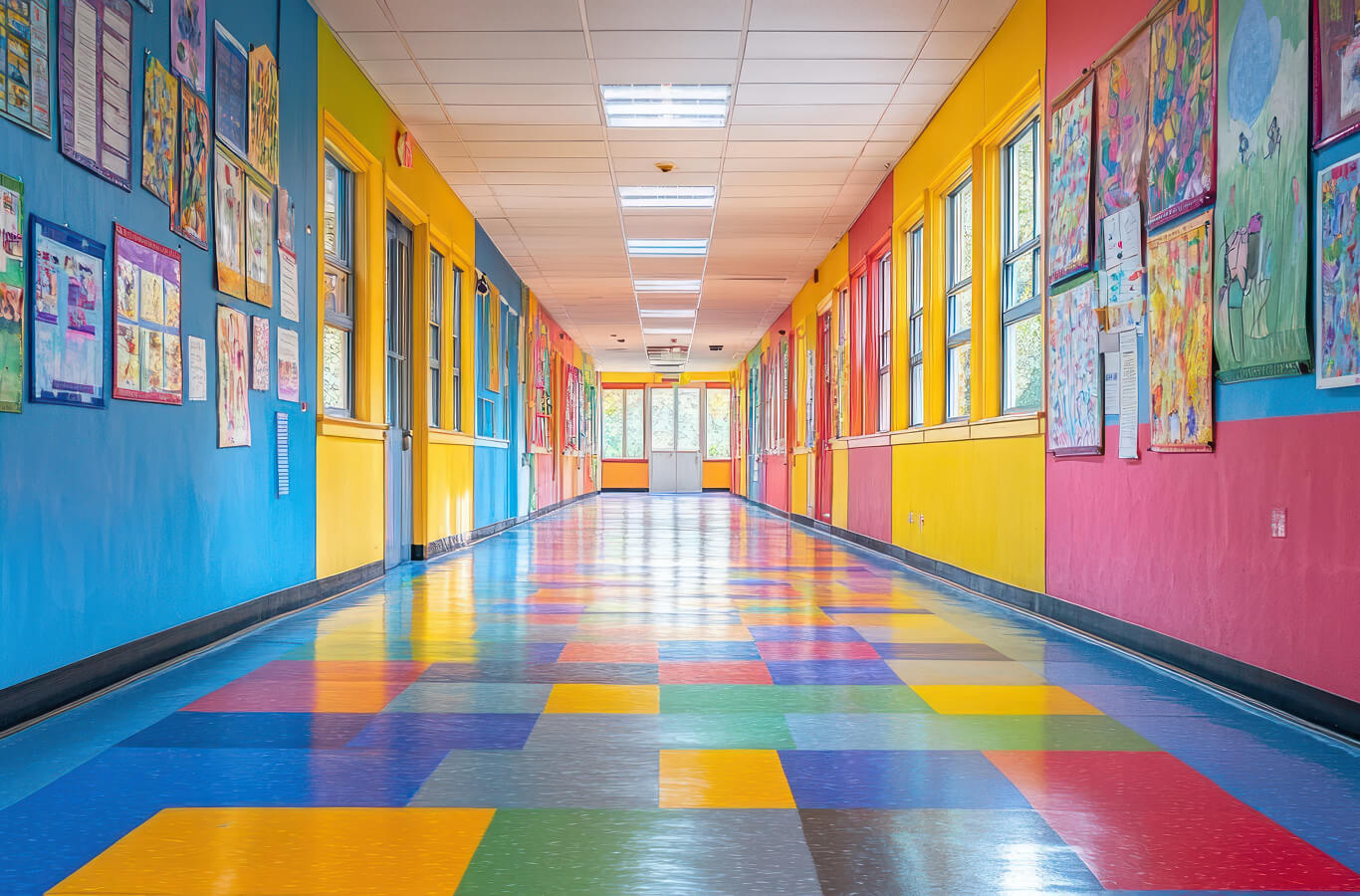 A colorful hallway with bright walls and a patterned floor, decorated with various children's art on display.