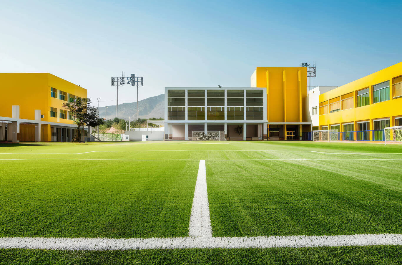 A bright, modern school building with yellow-painted walls surrounding an artificial turf soccer field. The sky is clear and blue, and there are goalposts visible in the background.