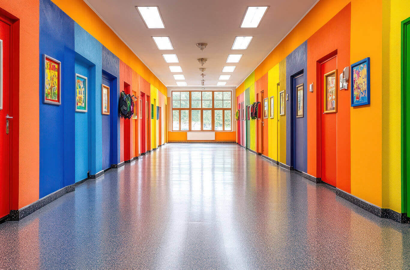 A brightly colored hallway in a building, with walls painted in various vibrant colors and doors of different shades. Art pieces are framed and hung on the walls, and large windows provide natural light. The floor is glossy and reflects the colorful surroundings.