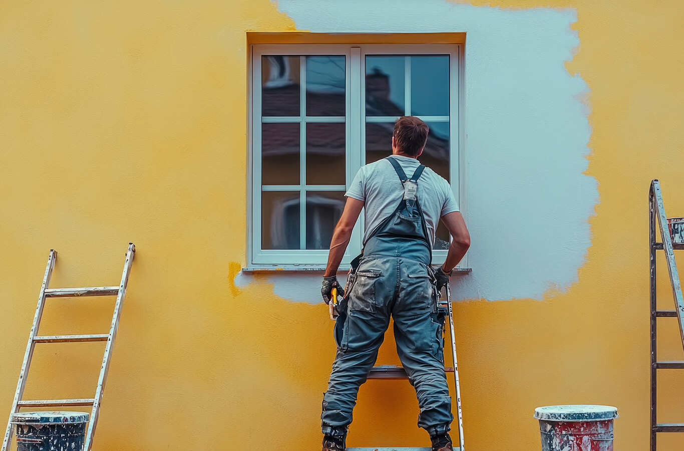 A man in overalls is painting the side of a house yellow around a window, with ladders and paint cans nearby.